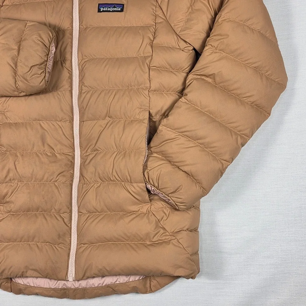 Patagonia‎ Down 600 Fill Jacket Kids XL Tan Pink Puffer Hoodless Full Zip Warm